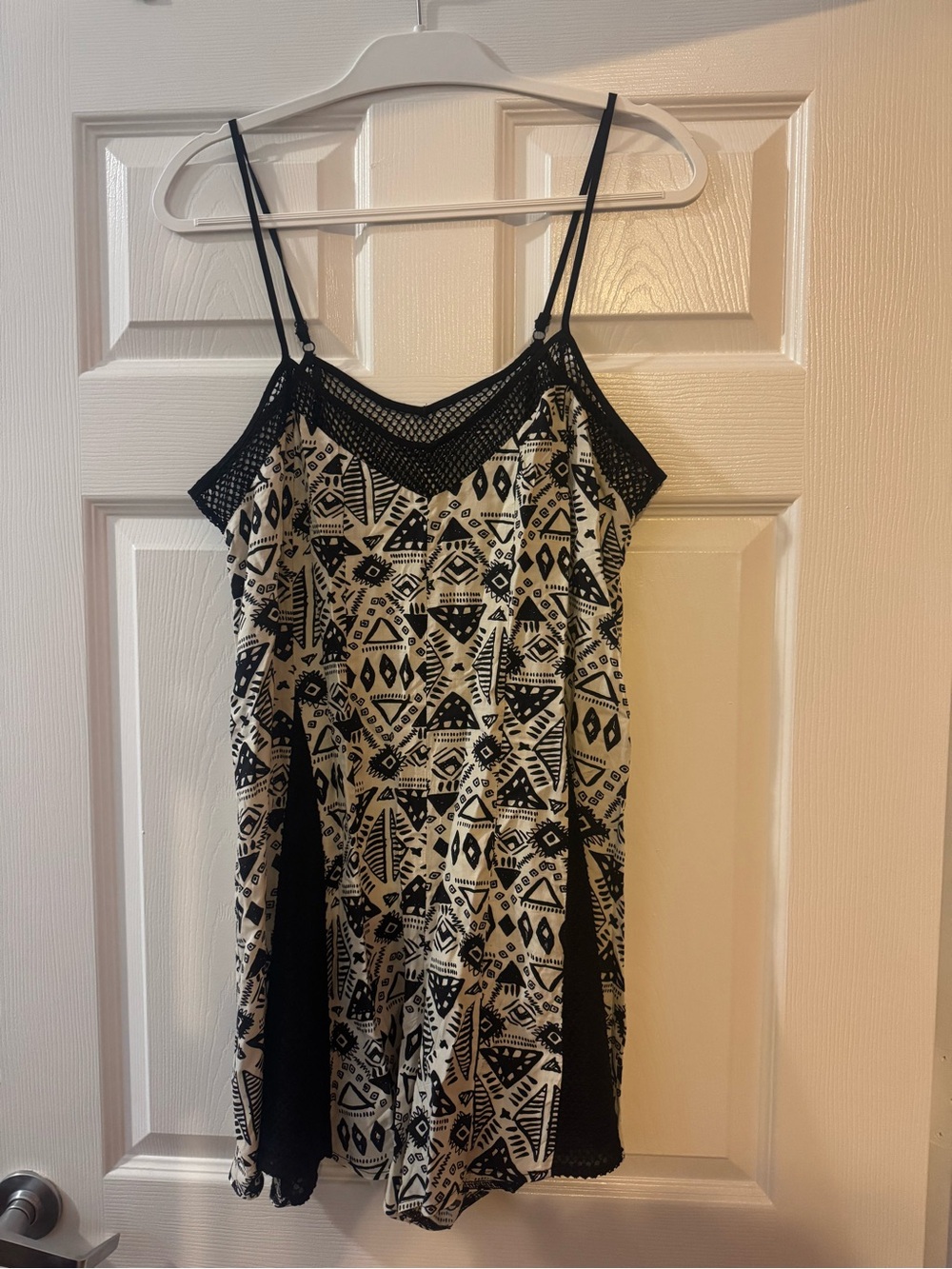 Y2K Love & Love Black & Cream Geometric Print Romper with fishnet detail